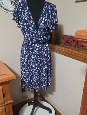 Kaileigh Navy Floral Midi Wrap Dress with Pink Blossoms